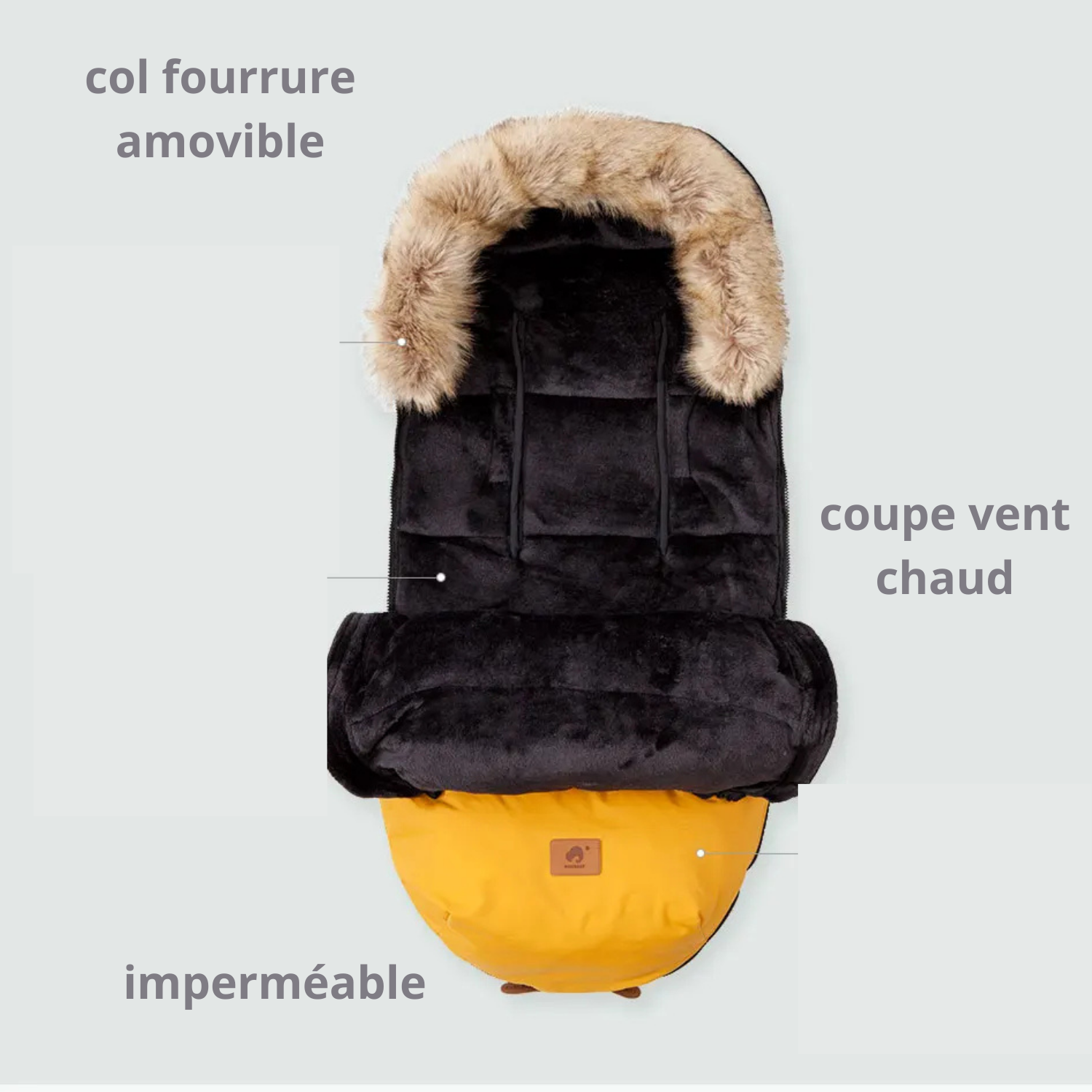 Bébé dans une chancelière chaude en poussette lors d’une sortie hivernale